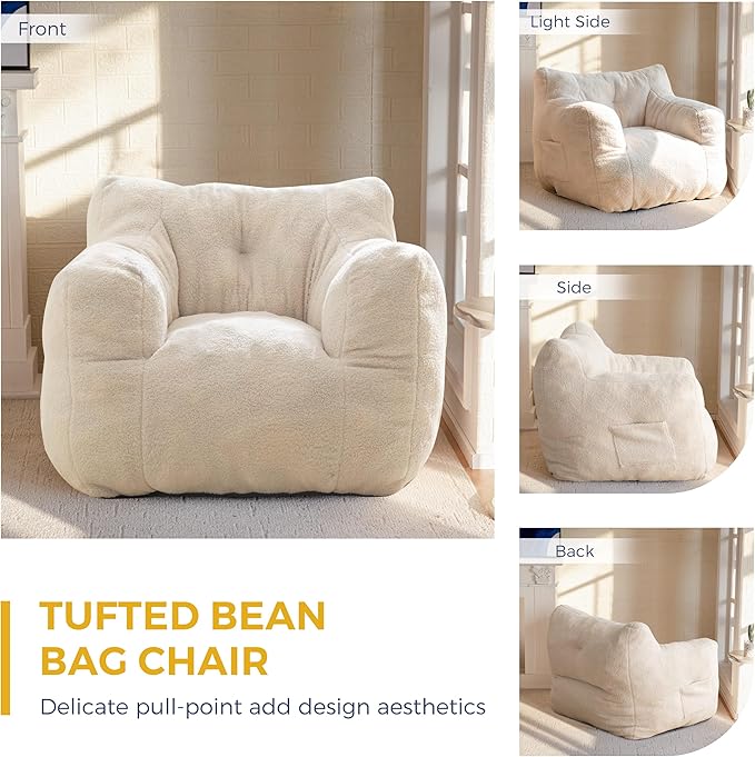MAXYOYO Bean Bag Chair, Tufted Bean Bag Sofa with Boucle Fabric, Comfy Lazy Chair with Filler, Living Room Sofa for Adults Teens, Accent Couch for Bedroom Dorm, Beige