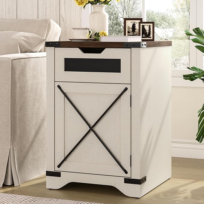 Farmhouse End Table with Charging Station, 26.4" Tall Rustic Nightstand with Drawer and X Barn Door, Antique White Country Bedside Sofa Side Table for Living Room