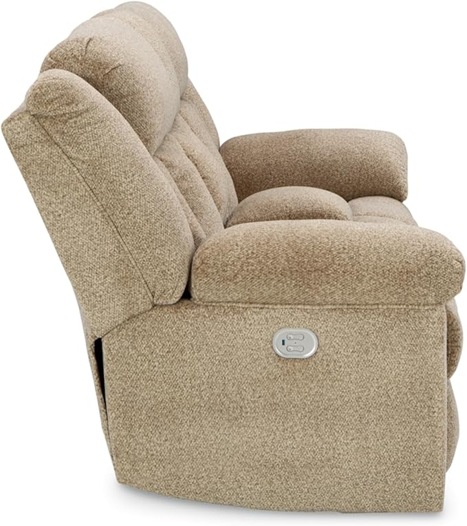 Signature Design by Ashley Tip-Off Classic Wall Hugger Power Reclining Loveseat with Adjustable Headrest, USB Ports, Storage and Cup Holders, Light Brown