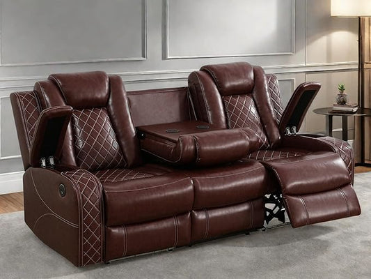Leather Recliner Sofa Couch, 3-Seater Home Theater Seating Reclining Sofa, Power Reclining Couch with Cup Holders & Drop Down Table for Living Room Furniture Sets, Red
