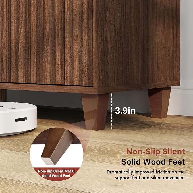 Redkey Fluted Sideboard Cabinet - Mid Century Modern Sideboard Buffet Cabinet with 3 Drawers - Buffet Table with Handle-Less Design for Kitchen Bedroom Dining/Living Room - Walnut