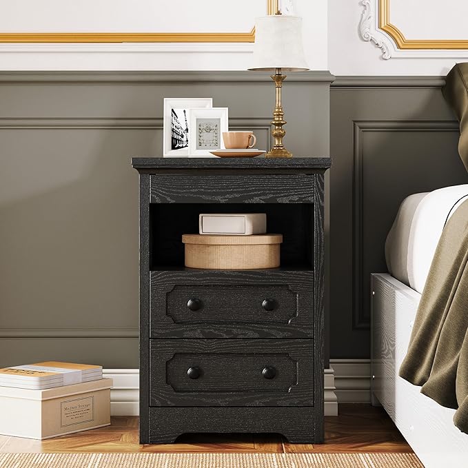 LIKIMIO Night Stand, Modern Bedside Table with 2 Drawers, Open Shelf, End Table with Pull-Out Tray, Wood SideTable, Black