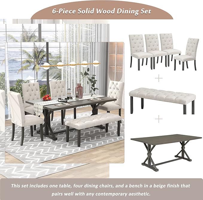 Ball & Cast 6 Piece Dining Table Set with 4 Upholstered Chairs and 1 Bench,Wooden Living Room Furniture for 6 W/ 72" Rectangle Desk,for Small Space,Apartment,Dining Room,Gray