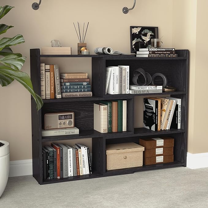 Open Shelf Low Bookcase,Wooden 4-Tier Floor Standing Expandable 25-47 inch Wide Bookcase,with Side Panels Frame for Home and Office