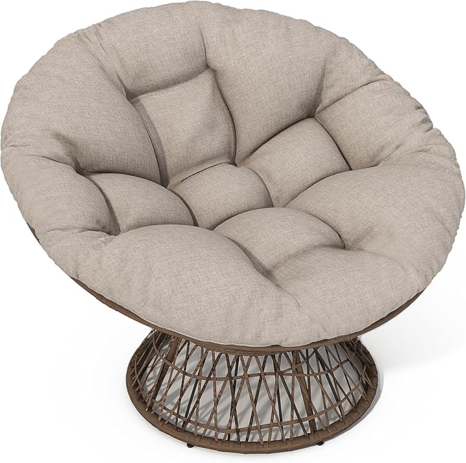 Ball & Cast Ergonomic Wicker Chair with Cloud Thick Density Fabric Cushion,Accent Chair W/ 360 Degree Swivel,Sturdy Metal Frame,Height Adjustable,for Reading,Living Room Bedroom,Lounge,Brown+Beige
