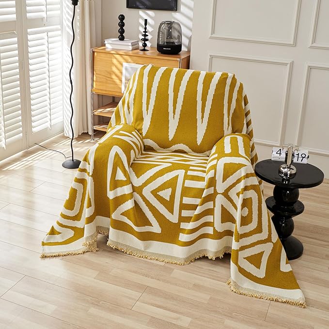 STACYPIK Thick Mustard Yellow Boho Sofa Covers Breathable Chair Couch Cover for 1 Cushion Sofa - Pet Friendly Pet Protector - Soft Chenille Jacquard - Washable - 71X71IN