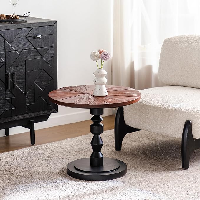 Wood Emd Table, Modern Round Side Table with Unique Top, Framhouse Accent Table for Living Room Bedroom Office (21.6 inch High)