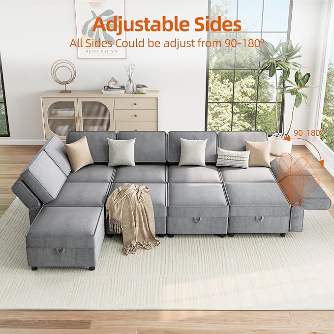 GAOMON 139.4" Chenille Reversible Sectional Sofa, 9-Seater Modular Sectional Sofa, Comfy Sectional Sleeper Sofa Couch with Chaise, U-Shape Modular Couch with Storage Seats & Ottomans, Grey