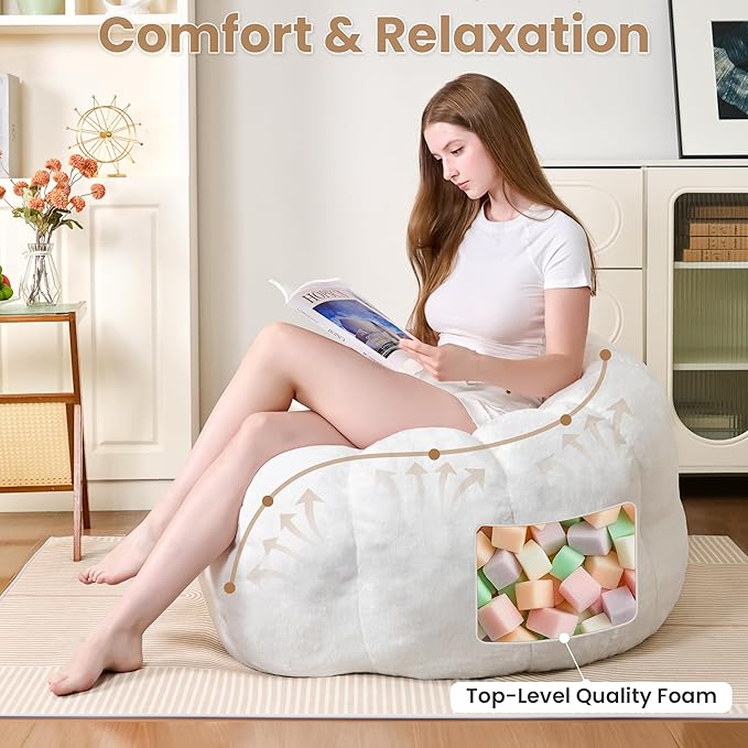 Bean Bag Chairs for Adults, Faux Fur Reading Chair with Petal Arm Rest Fluffy Comfy Chair for Bedroom, Living Room, Dorm, Game - White, Large, Low Support