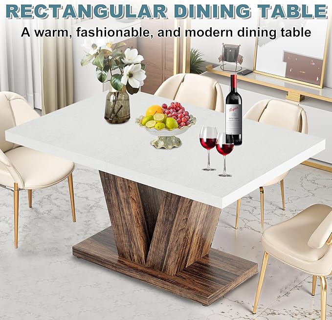 Dining Table for 4-6, 47" Farmhouse Dinner Table with with Wooden Tabletop and Heavy Duty Pedestal Wooden Rectangular Kitchen Tables for Dining Room, Kitchen, Living Room, White & Brown