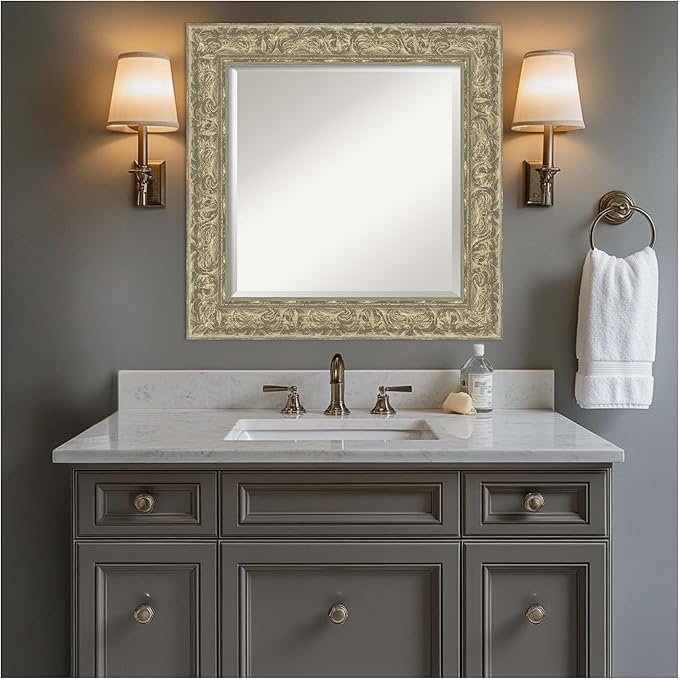 Amanti Art Silver Bathroom Mirror for Over Sink, 27x27 Luxe Antique Silver Square Vanity Mirror, Medium Traditional Frame, Hangs Horizonally and Vertically, Bathroom Wall Decor, Beveled Edge