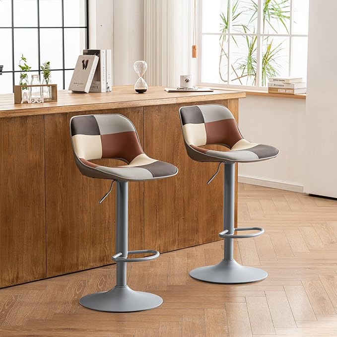 YOUNIKE Bar Stools Set of 2, Boho Colorful Patchwork Faux Leather Barstools, Adjustable Swivel Counter Height Bar Stool Upholstered Counter Stools with Hollow Back for Kitchen Island, GreyBeige