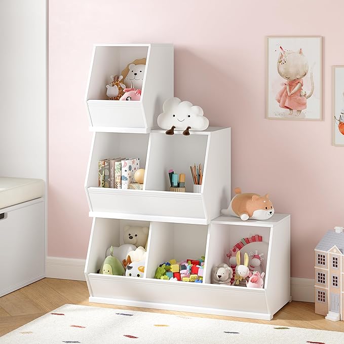 UTEX Stackable Toy Storage Cabinet, Wooden Cubby Organizer, White Shelf for Playroom, Bedroom, Living Room, Nursery, 3 Cubes