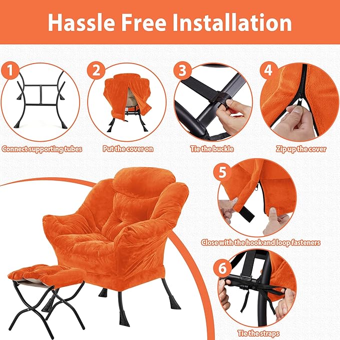 Lazy Chair with Folding Ottoman, Accent Chair Plush Upholstered with Metal Structure and Non-Slip Pads, Sofa Armchair with Footrest and Side Storage Bag for Dorm, Room, Office, Orange