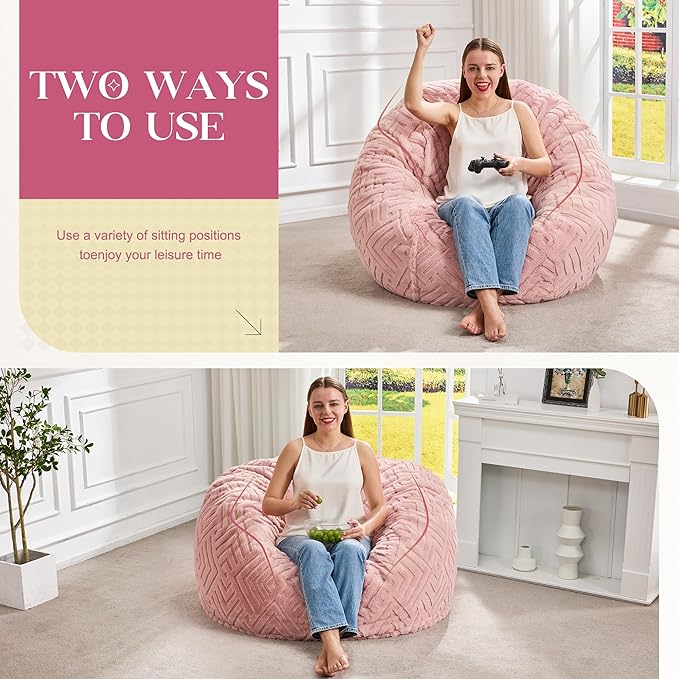 Hobestluk Bean Bag Chairs Adults Beanbag Chair with Filler Large Bean Bags with Fluffy Embossed Cover, Giant Bean Bag Chairs for Adults (Pink, 3FT - 36” x 36” x 22”)