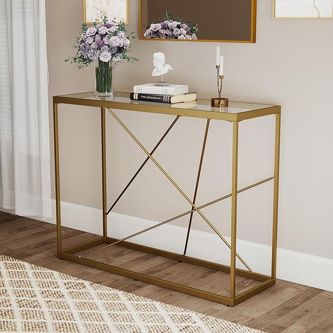 OIOG Glass Console Table for Entryway, Modern Sofa Table with Temperes Glass Tabletop and Golden Frame, Gold Entryway Table for Living Room, Foyer, Dining Room, Home Office