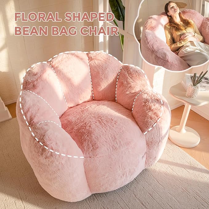 MAXYOYO Bean Bag Chair for Adults, Floral Shaped Bean Bag Sofa, Ultra Soft Faux Fur Floor Sofa, Large Reading Chair for Living Room Bedroom, Pink, Single