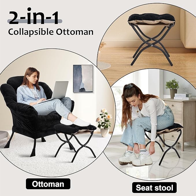 Fabric Lazy Chair with Ottoman, Oversized Upholstered Sofa Chair for Adults, Plush Comfy Lounge Chair with Large Side Storage Pocket, Reading Chair for Living Room, Bedroom, Study Room, Black