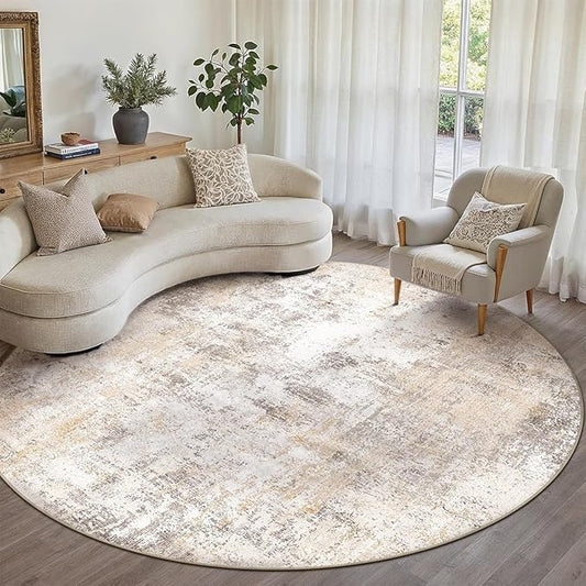 8x8 Washable Round Rug Beige Grey Neutral Abstract Living Room Bedroom Large Area Rug Non Slip Soft Low Pile Indoor Floor Carpet for Dining Room Kitchen Office Entryway