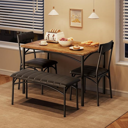 Garvee Dining Table Set for 4, Kitchen Table with Upholstered Bench and 2 Chairs, 4-Piece Wooden Dining Table Set for Apartment, Dining Room, Small Space, Brown