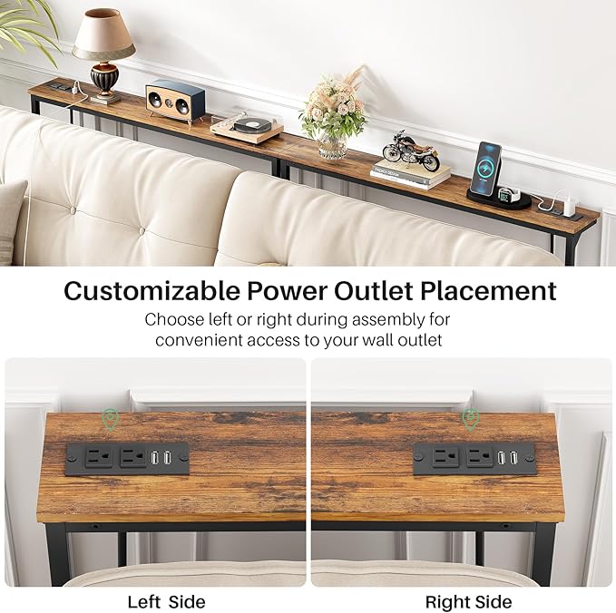 Kitstorack Narrow Console Table Behind Sofa Couch, Design with Adjustable Height (25"-33") & Power Outlets, Small Entryway Table - 5.9" D x39.4 L, Rustic Brown