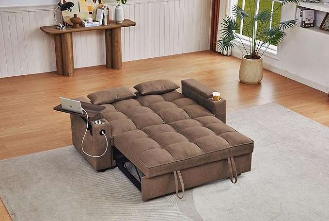 65-inch Multifunctional Loveseat Pull Out Sleeper Sofabed W/Cupholders, Oversized 3-in-1 Convertible Love Seat with Pull-Out Sleeper Couch Bed, Storage, USB Ports, Side Table for Living Room Bedroom