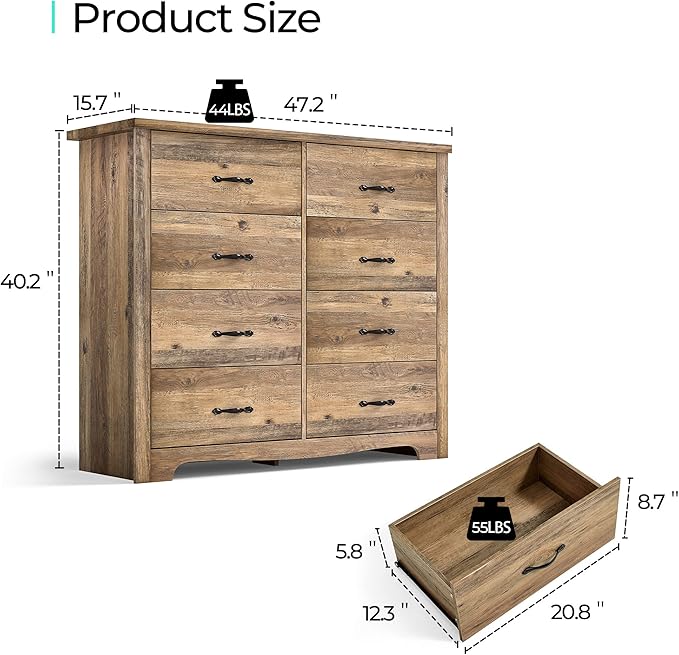 LINSY HOME 8-Drawer Dresser - Modern Bedroom Chest with Wide Drawers, Wood Storage Organizer for Bedroom or Living Room, Brown