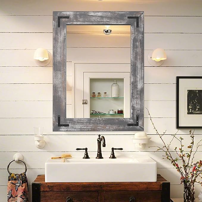 YOSHOOT Rustic Wooden Framed Wall Mirror, 30"x20", Natural Wood Bathroom Vanity Mirror for Farmhouse Decor, Vertical or Horizontal Hanging
