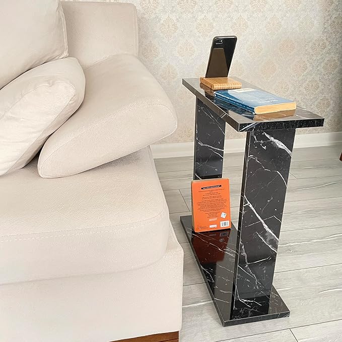 Very Narrow Side Table for Living Room, Small Apartment Space Between Chairs Skinny Table for Recliner, Couch, Armchair, Thin Slim End Table for Living Room, Bedroom, Beverages (Black Marble)