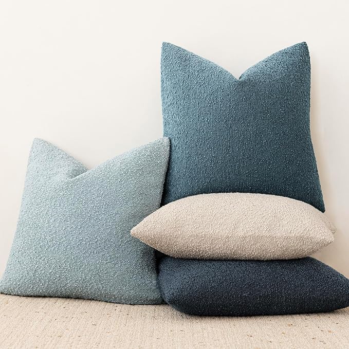 Foindtower Pack of 2 Textured Boucle Throw Pillow Covers Accent Solid Decorative Pillow Cases Cozy Woven Couch Cushion Case for Sofa Bedroom Living Room Home Decor 20x20 Inch Misty Blue