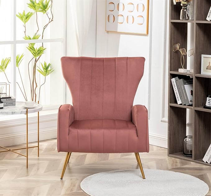 Container Furniture Direct Modern Velvet Accent Chair, Channel Tufted Bedroom, Office or Living Room Furniture with Elegant Metal Legs, 26" Wide Armchair, Rose