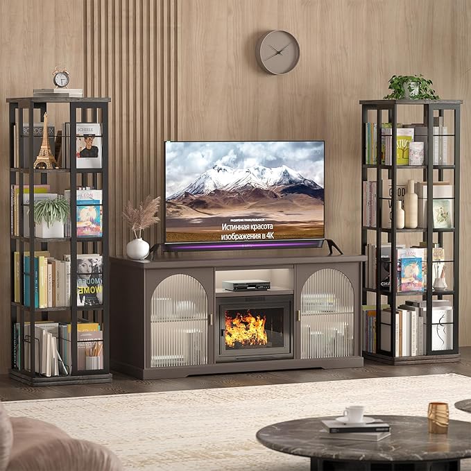 Aheaplus Rotating Bookshelf, 4-Tier Corner Bookshelf, 360 Display Wood Spinning Bookshelf, Floor Standing Bookcase Narrow Shelf Revolving Organizer Storage Rack for Small Space, Grey Oak