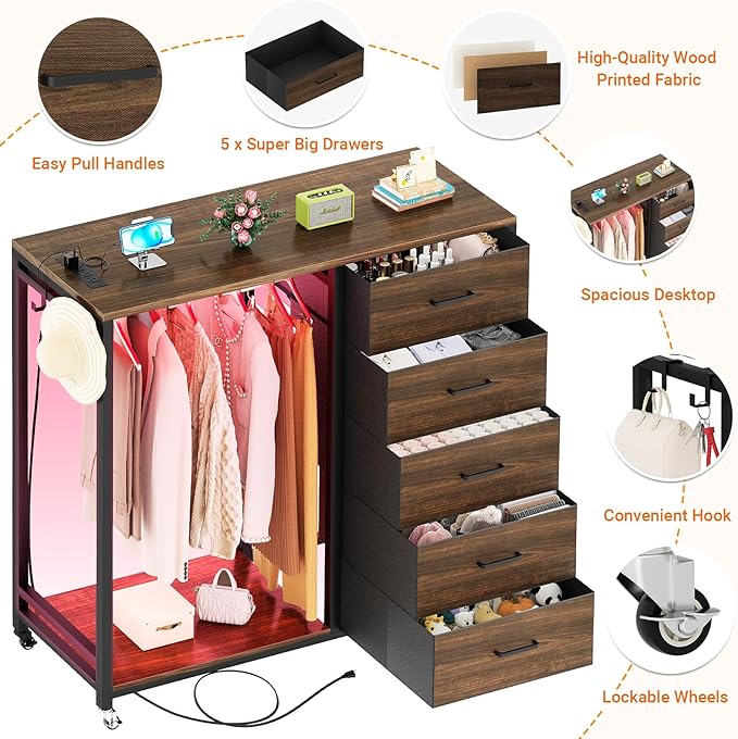 Cyclysio Dresser for Bedroom with Clothes Rack, 5 Fabric Drawers Dresser with Charging Station & LED Lights, Storage Chest of Drawers, Wooden Top, Bedroom, Closet, Red Oak