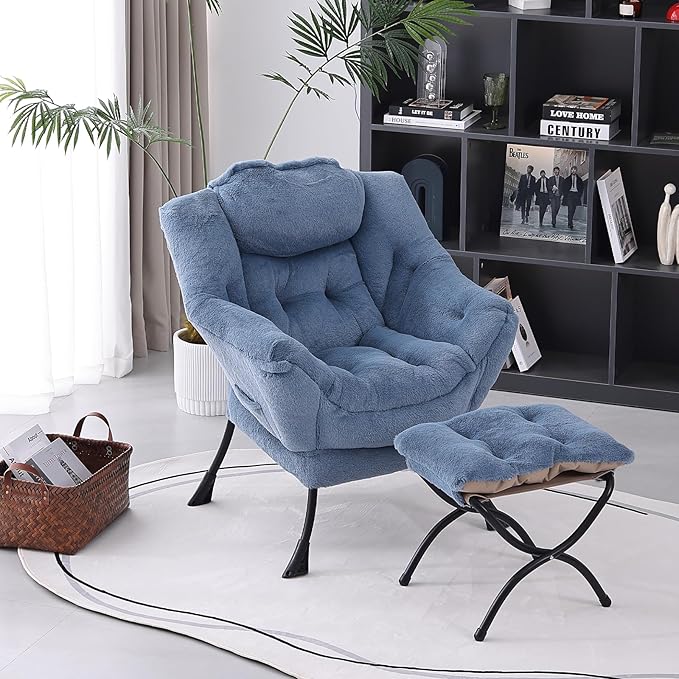 Lazy Chair with Folding Ottoman, Modern Accent Lounge Armchair with Armrests and a Side Pocket & Foldable Footstool, Leisure Reading Chair for Living Room, Bedroom & Dorm, Plush Light Blue