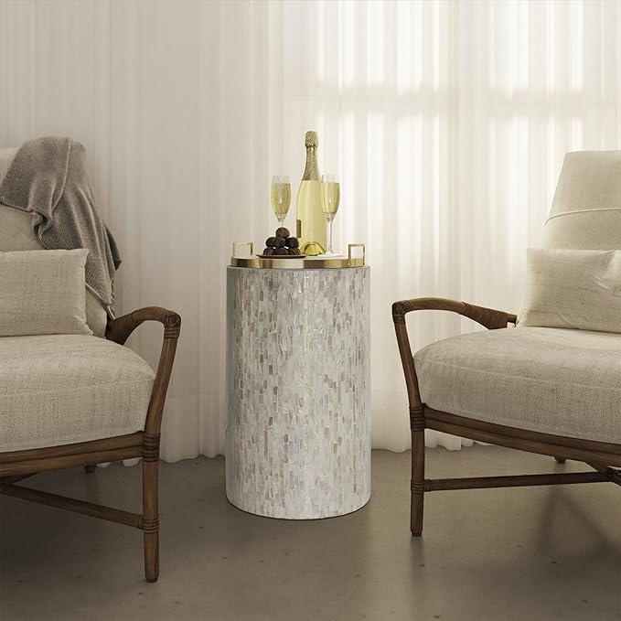 PEMAR Mother of Pearl Cylinder Drum End Table Nacre Side Stool Round Accent Table Coffee Bedside Nightstand and Vanity Stool (Pearl White & Cream)