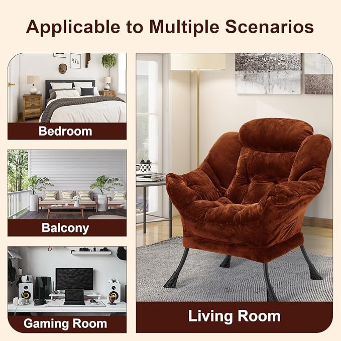 Fabric Lazy Chair for Adults, Oversized Upholstered Sofa Chair, Plush Comfy Lounge Chair with Large Side Storage Pocket, Thick Padded Reading Chair for Living Room, Bedroom, Study Room, Brown