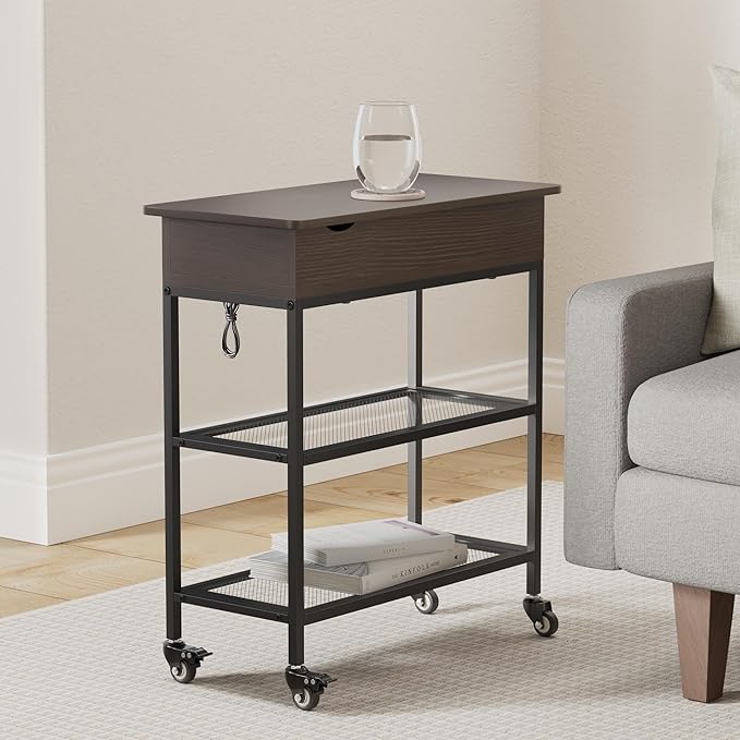 Hadulcet End Table with Charging Station & Rotating Top, Couch End Table, Rotating Swivel Top Side Table for Living Room & Bedroom, Narrow Rolling Side Table on Wheels, Skinny Nightstand, Black Walnut