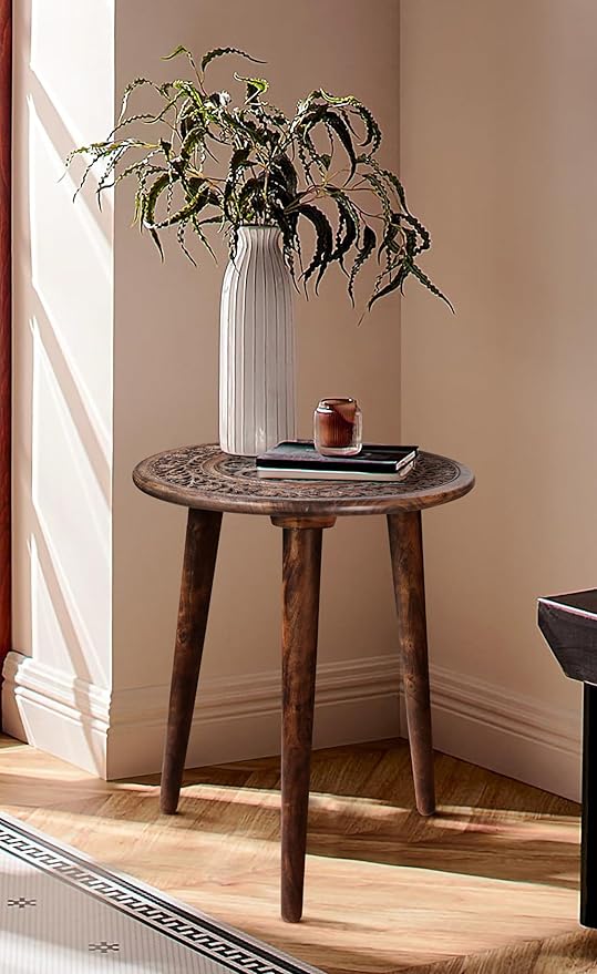 Wooden Table with 3 Legs Pillar,Carving End Tables,Round Coffee Table for Livingroom,Entryway Table,Living Room Side Table for Magazines,Books and Plants - 18"x22" - Burnt