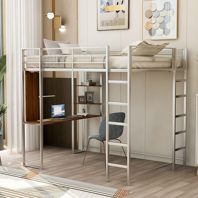 Full Size Metal Loft Bed with 2 Storage Shelves and 1 Desk,Steel Structure Bed Frame W/ 2 Build-in Ladders & Full-Length Guardrails,No Box Spring Needed,for Kids Teens Adults,Silver