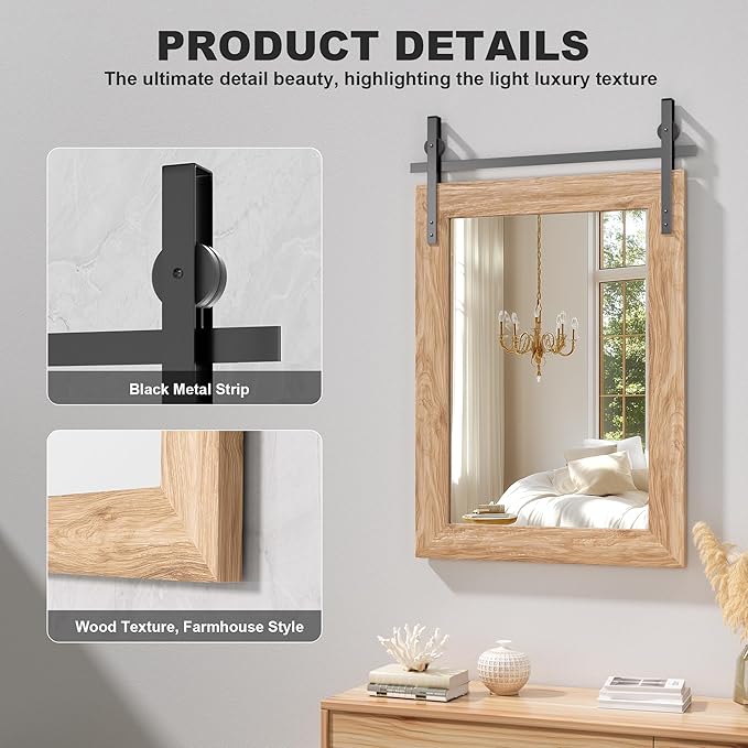 Hasipu Farmhouse Bathroom Mirror, 40"x26" Rustic Wood Framed Wall Mounted Mirror, Brown Vintage Vanity Mirror Barn Door Style Decrative Mirrors