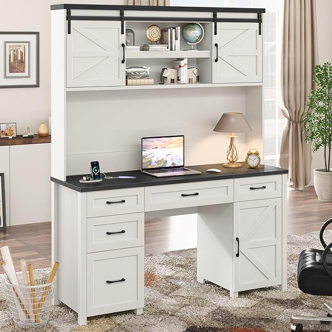 67''H Farmhouse Executive Desk with Hutch & 5 Drawers, Rustic Office Desks Computer Desks with Charging Station, File Drawers and Storage Cabinets, Wood Workspace for Home Office & Study,Black.