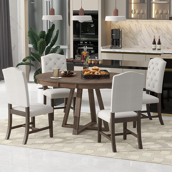 Ball & Cast 5 Piece Dining Table Set with 4 Upholstered Chairs,Living Room Furniture W/ 42" Table,Tabletop Can be Adjusted from Round to Oval in Shape,for Restaurant,Home Bistro,Walnut