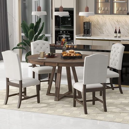 Ball & Cast 5 Piece Dining Table Set with 4 Upholstered Chairs,Living Room Furniture W/ 42" Table,Tabletop Can be Adjusted from Round to Oval in Shape,for Restaurant,Home Bistro,Walnut