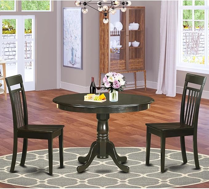East West Furniture HLCA3-CAP-W 3 Piece Dining Set Contains a Round Dining Room Table with Pedestal and 2 Kitchen Chairs, 42x42 Inch, Cappuccino