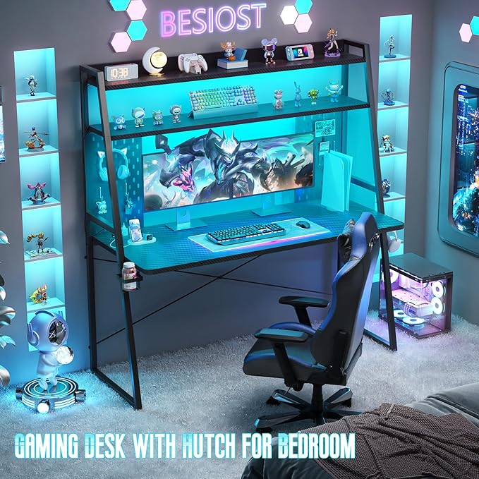 Gaming Desk with Hutch and LED Lights, Gaming Computer Desk with Power Outlets, Gamer Desk with Storage Shelves, PC Game Desks with Pegboards, for Bedroom, Carbon Fiber Black, 49"