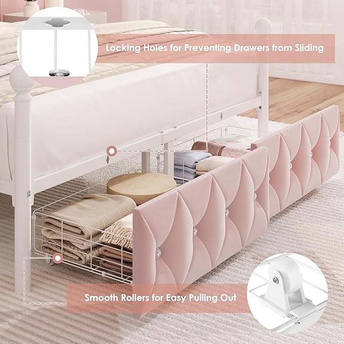 Queen Upholstered Canopy Bed Frame with 2 Drawers & Crystal Tufted Storage Headboard Two-Purpose Metal Platform Bed with 4 Removable Posts & Charging Station Pink Princess Bed, Curtain Not Included