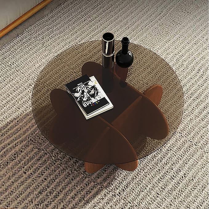 Modern Round Glass Coffee Table - Mid Century Small Coffee Table for Living Room, Suitable for Bedroom Living Room Reception Offices Couch Tables(Walnut/Brown)