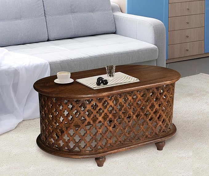 The Wooden Town Solid Mango Wood Coffee Table - Oval Center Table for Living Room, Tea Table, Wooden Accent Table, 36x21x18 Inches - Handcrafted Modern Furniture for Home Décor