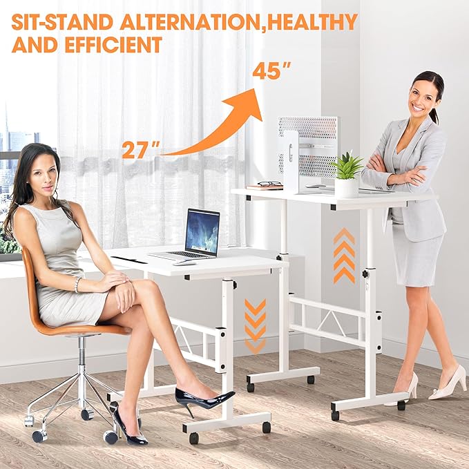 Klvied Small Standing Desk Adjustable Height, Mobile Table with Wheels, Portable Laptop Table, Standing Computer Desk for Walking Pad (White)