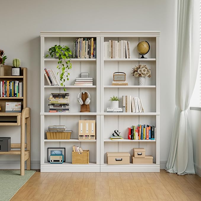 YESHOMY 72" Bookcase and Bookshelf, 5-Tier Wood Bookcases with Shelves, Tall Floor Standing Book Shelf Storage Cabinet Home Decor Furniture for Living Room, Home Office, White, 2 PCS